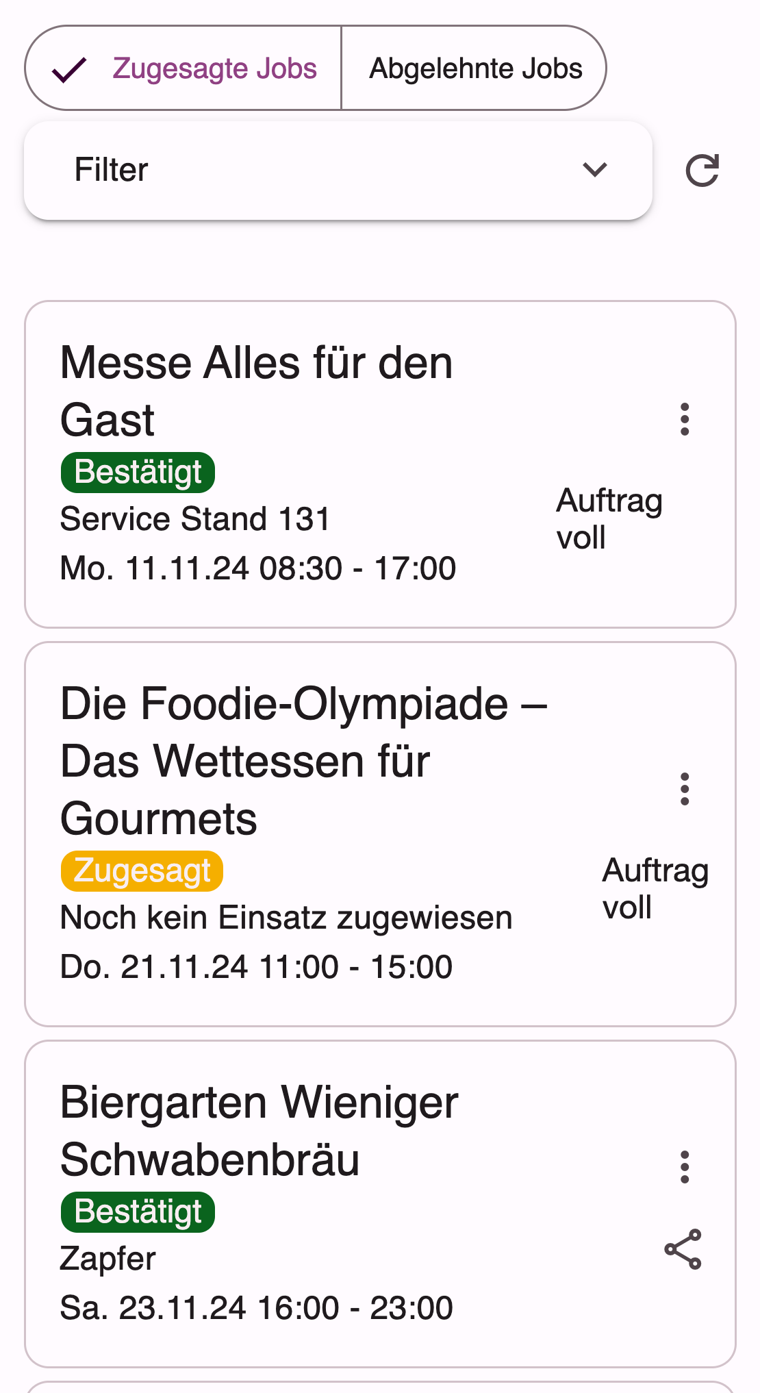 Reiter Zugesagte Jobs mit einem zugesagten (gelb) und bestätigten (grün) Jobs