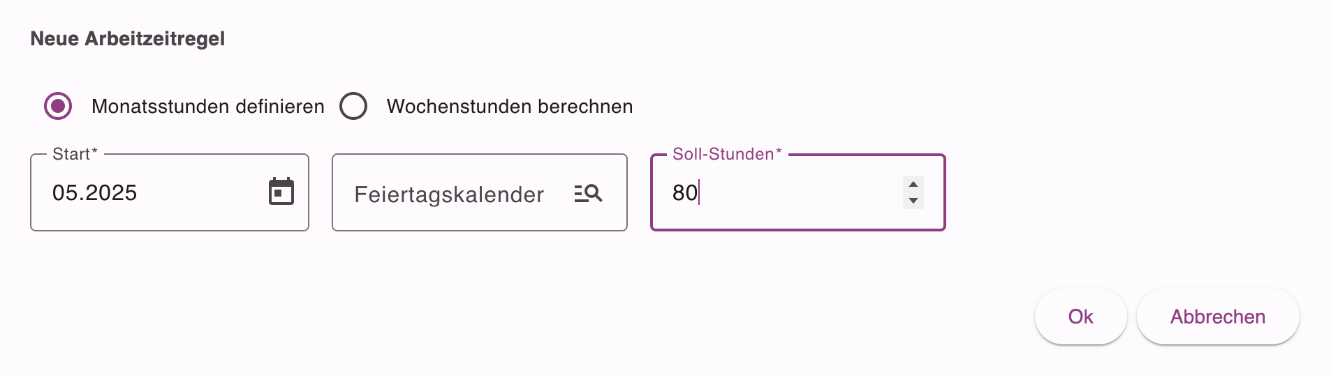 Formular zur Definition fester Monatsstunden