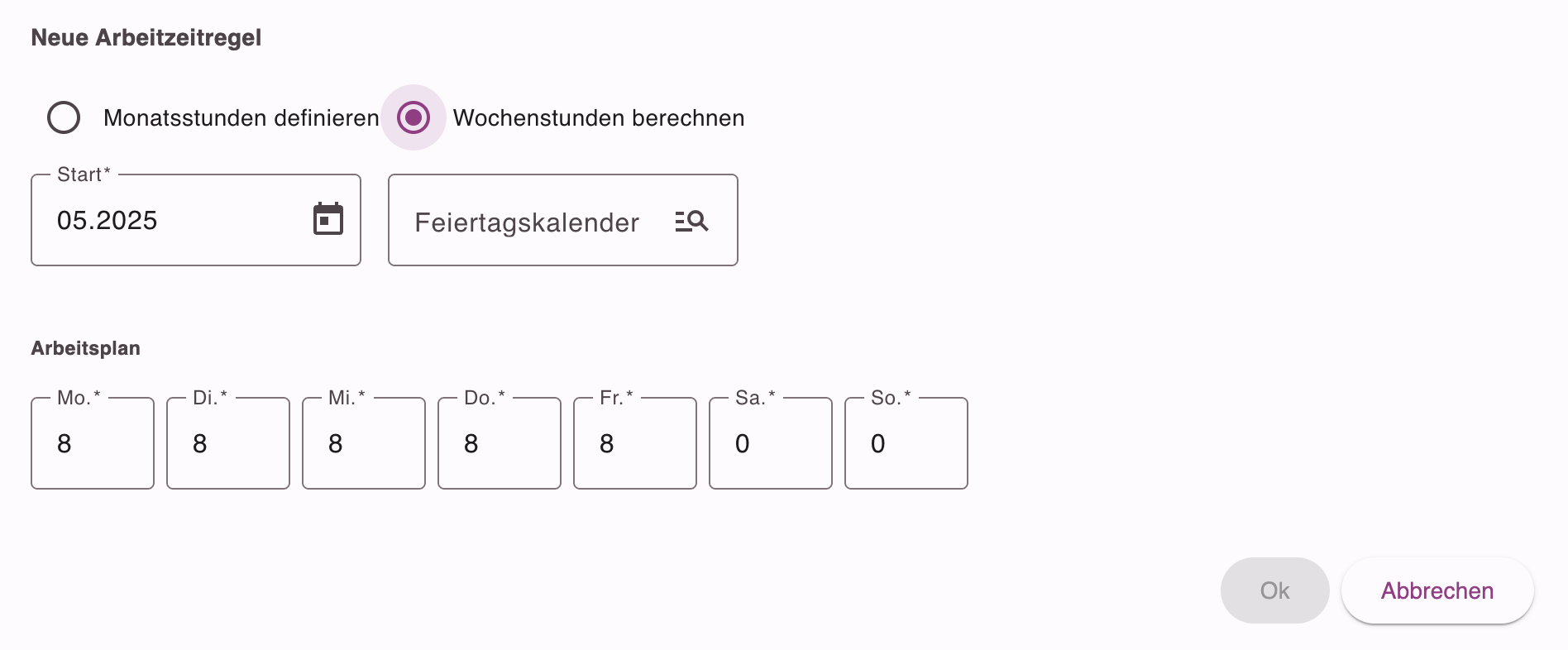 Formular zur automatischen Berechnung der Wochenstunden mit Arbeitsplan pro Wochentag