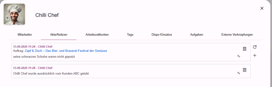 Reiter Akte/Notizen mit den Aktennotizen zum Mitarbeiter
