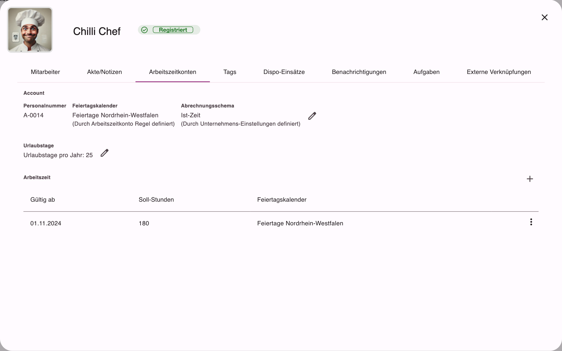 Reiter Arbeitszeitkonten mit Personalnummer, Feiertagskalender, Abrechnungsschema, Urlaubstagen und Arbeitszeitregeln