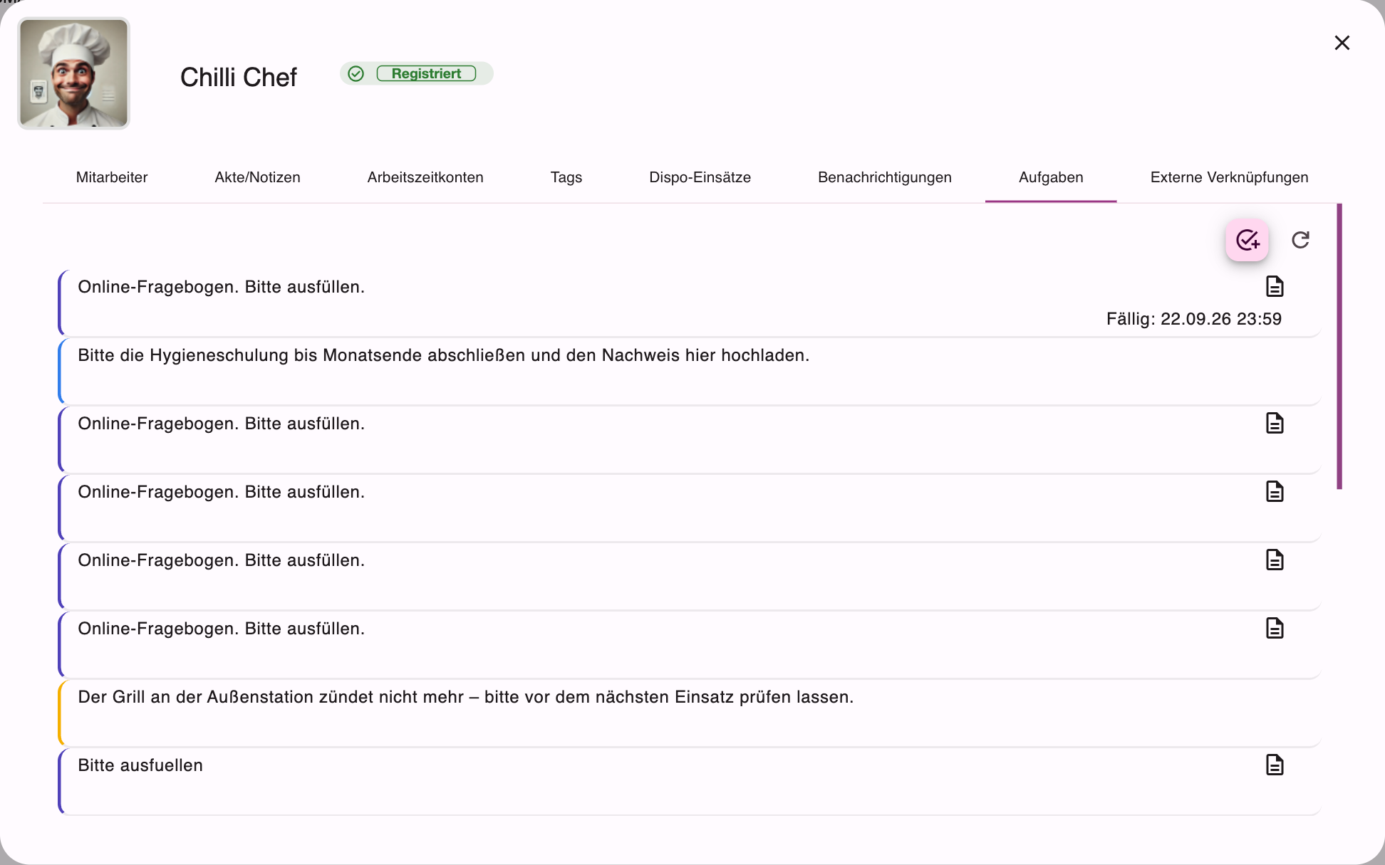 Reiter Aufgaben mit den Aufgaben des Mitarbeiters und dem Knopf für eine neue Aufgabe