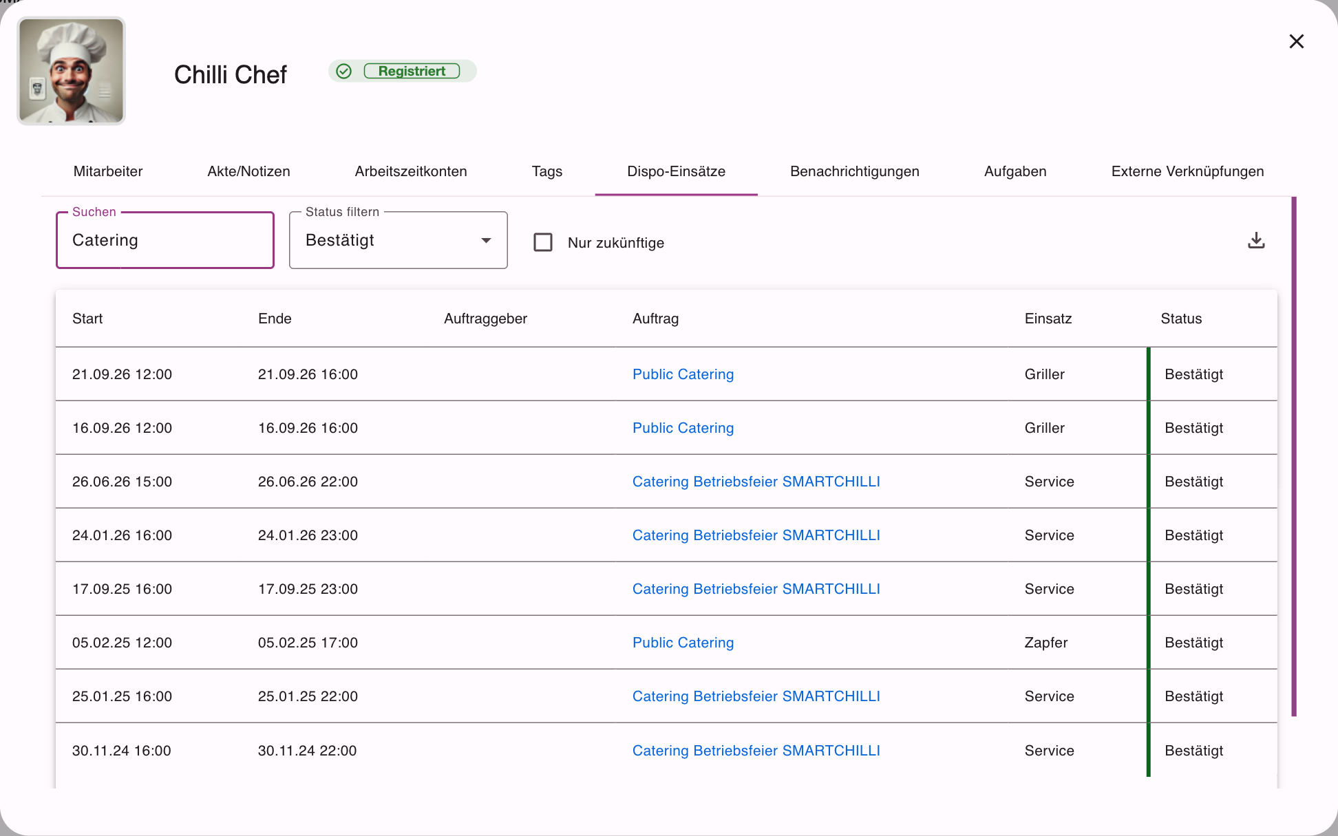 Reiter Dispo-Einsätze mit bestätigten Einsätzen und Excel-Export