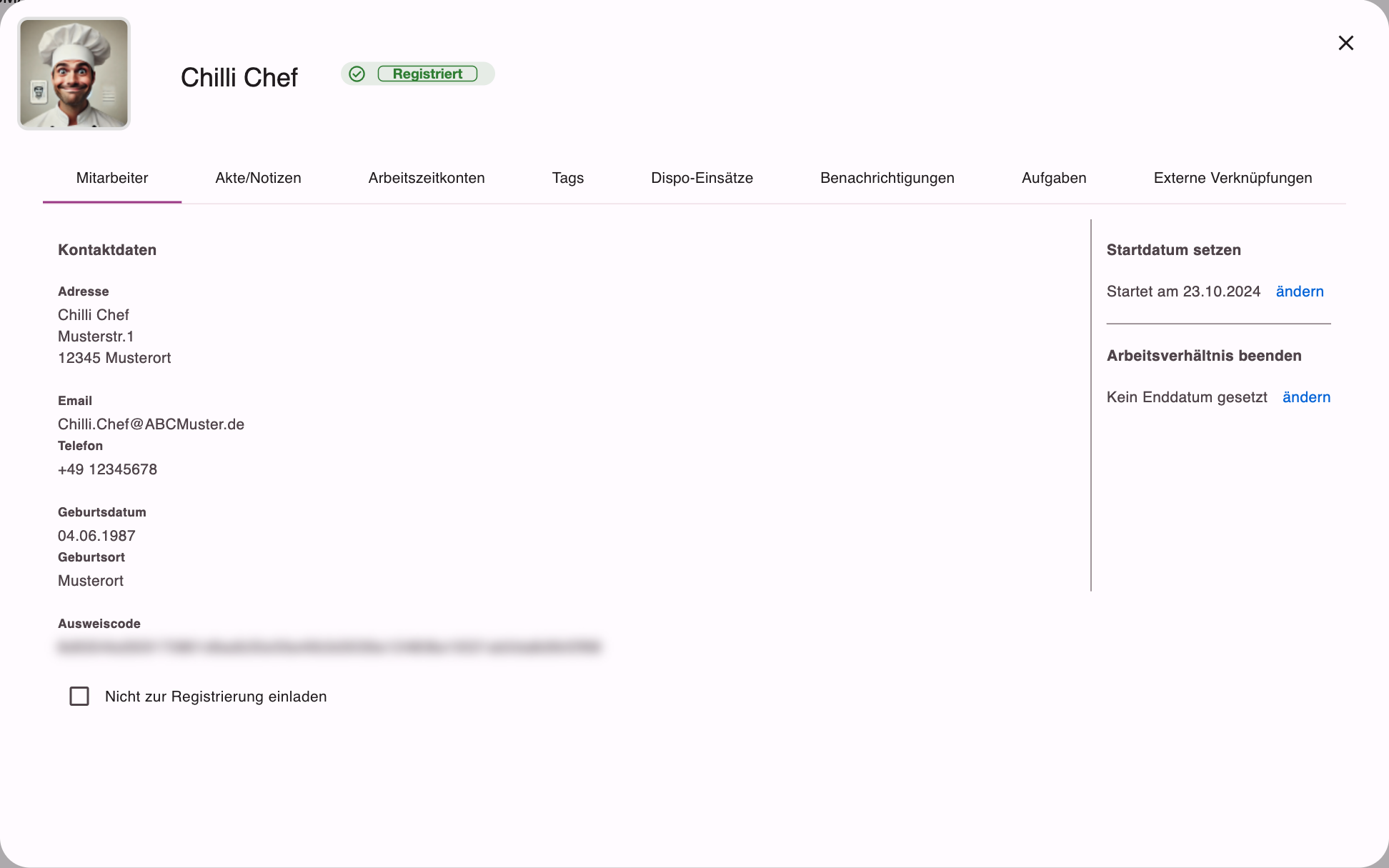 Mitarbeiterakte, Reiter Mitarbeiter mit Kontaktdaten, Startdatum und Enddatum