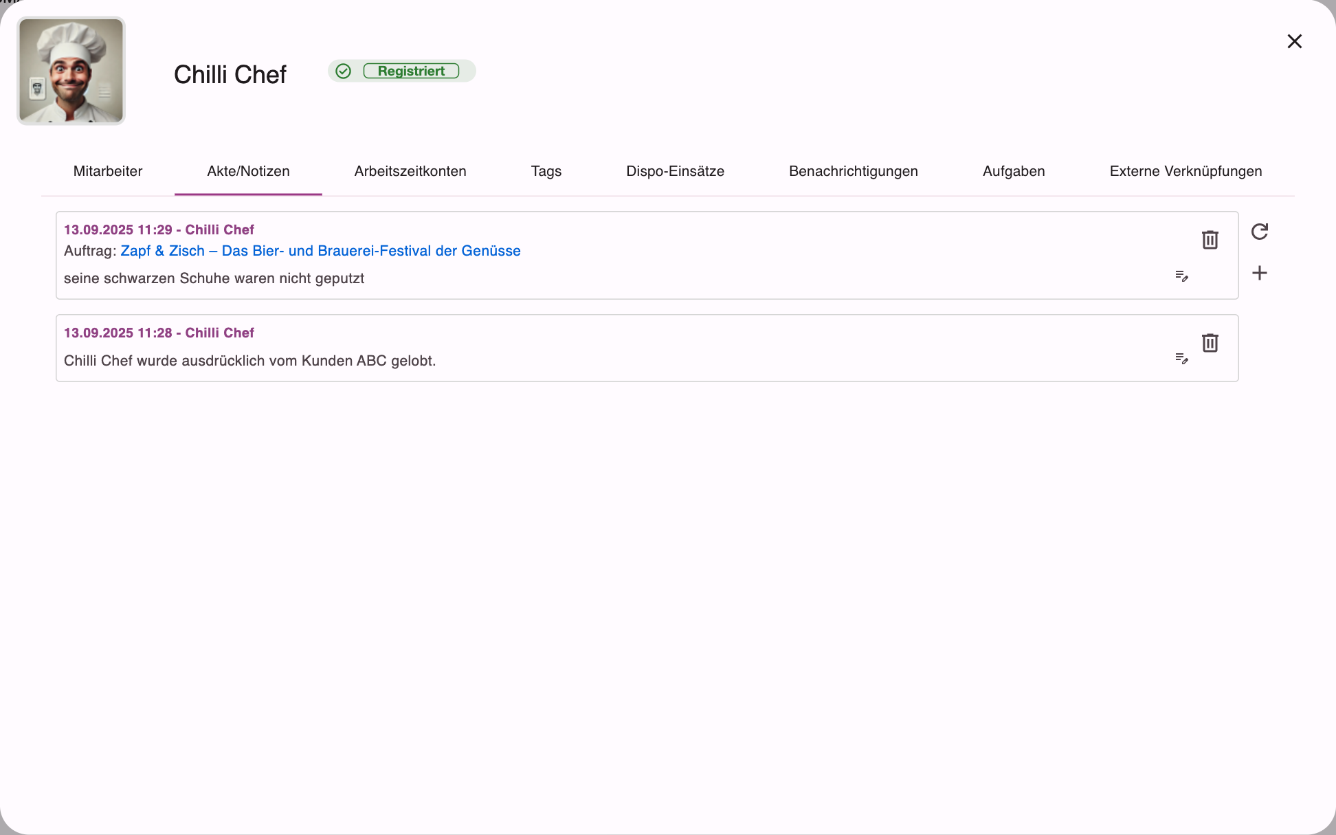 Reiter Akte/Notizen mit Aktennotizen, eine davon zu einem Auftrag