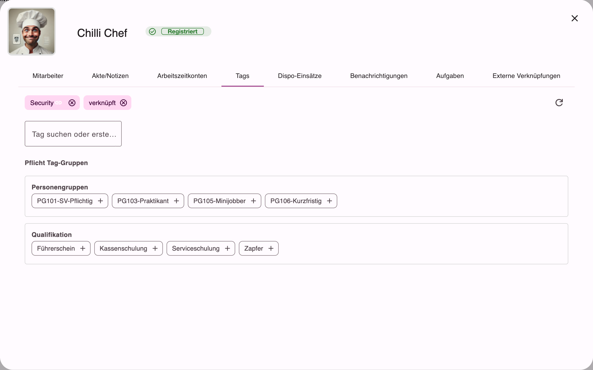 Reiter Tags mit zugeordneten Tags und Pflicht-Tag-Gruppen