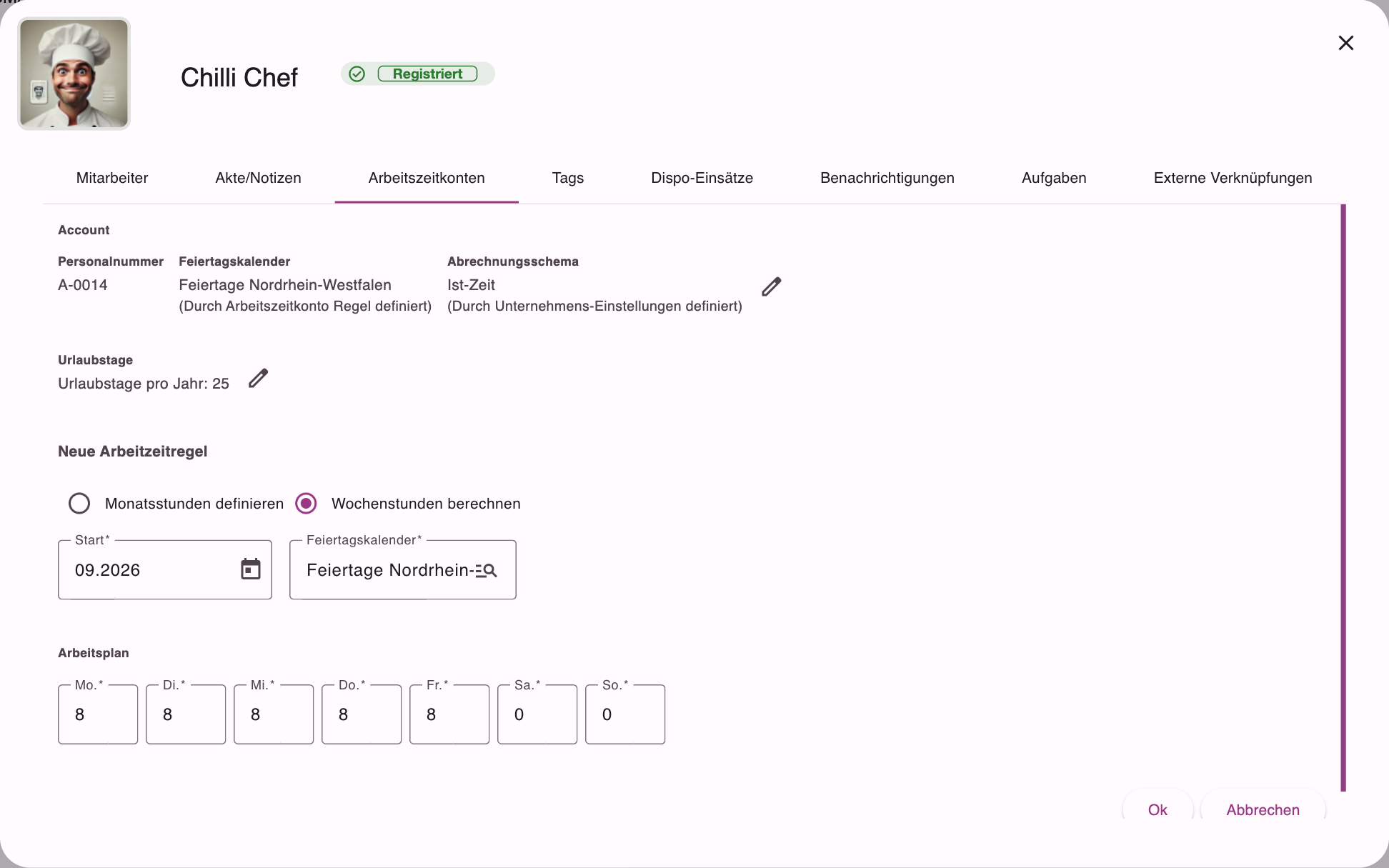 Neue Arbeitszeitregel mit Wochenstunden aus dem Arbeitsplan je Wochentag