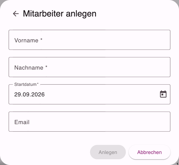 Formular Mitarbeiter anlegen mit Vorname, Nachname, Startdatum und Email