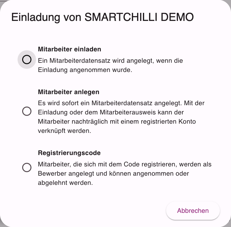 Dialog zum Hinzufügen mit den Wegen Mitarbeiter einladen, Mitarbeiter anlegen und Registrierungscode