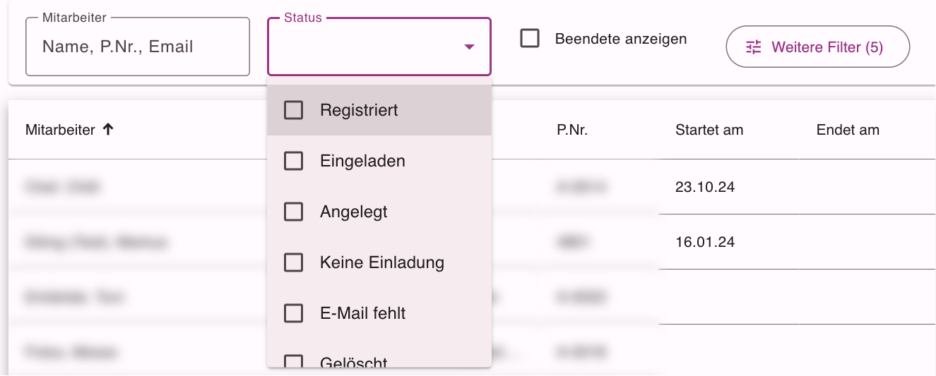 Filter Status mit den möglichen Registrierungszuständen