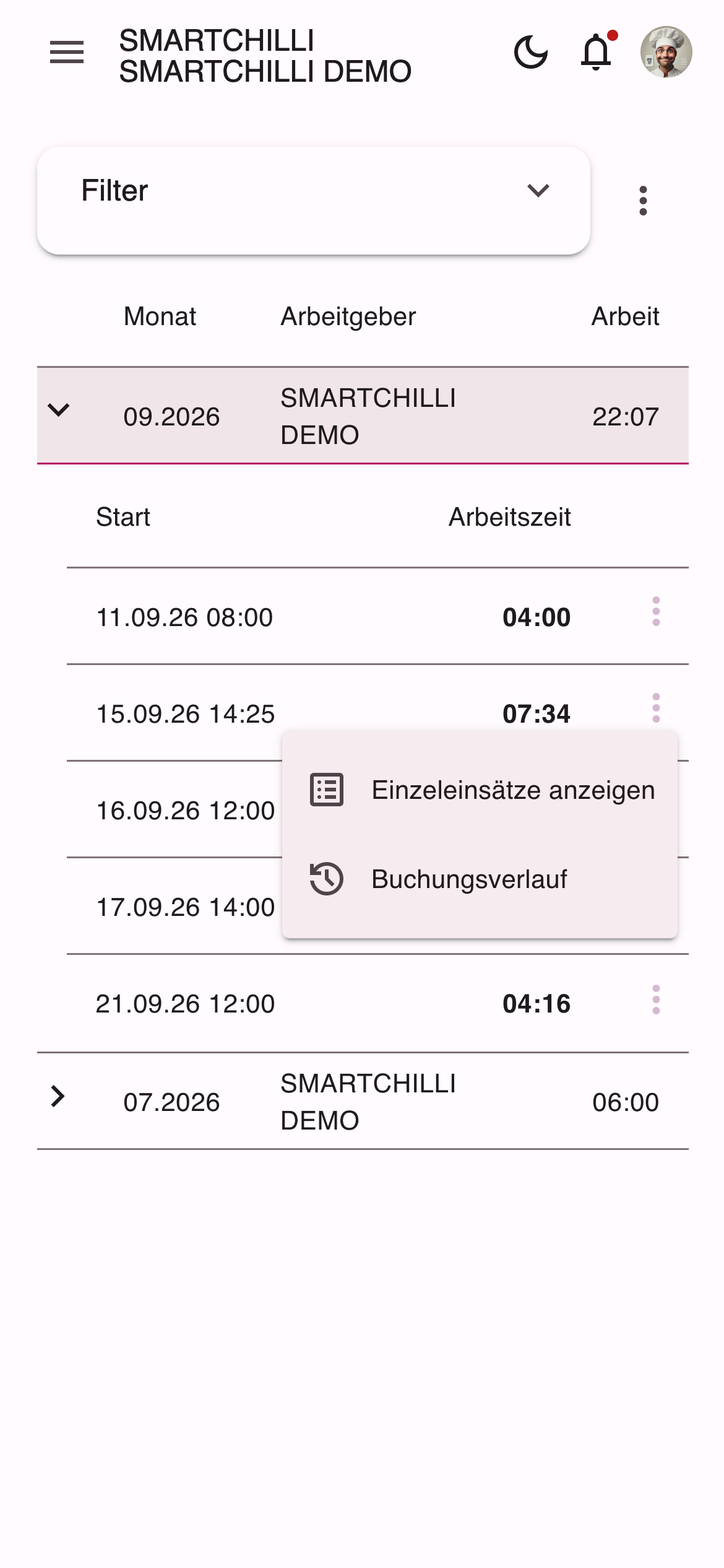 Drei-Punkte-Menü hinter einer Schicht mit den Einträgen Einzeleinsätze anzeigen und Buchungsverlauf