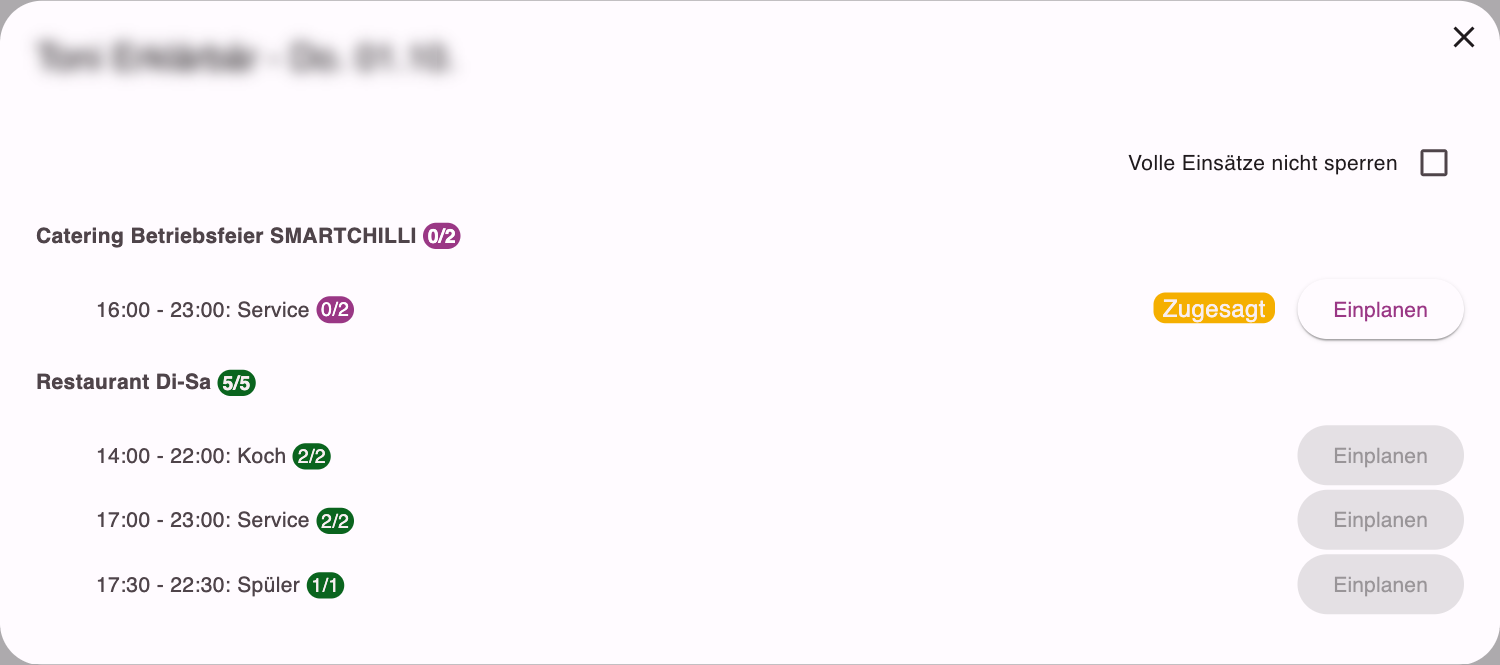 Dialog zum Einplanen eines Mitarbeiters mit den Aufträgen des Tages, Zählern und den Knöpfen Einplanen