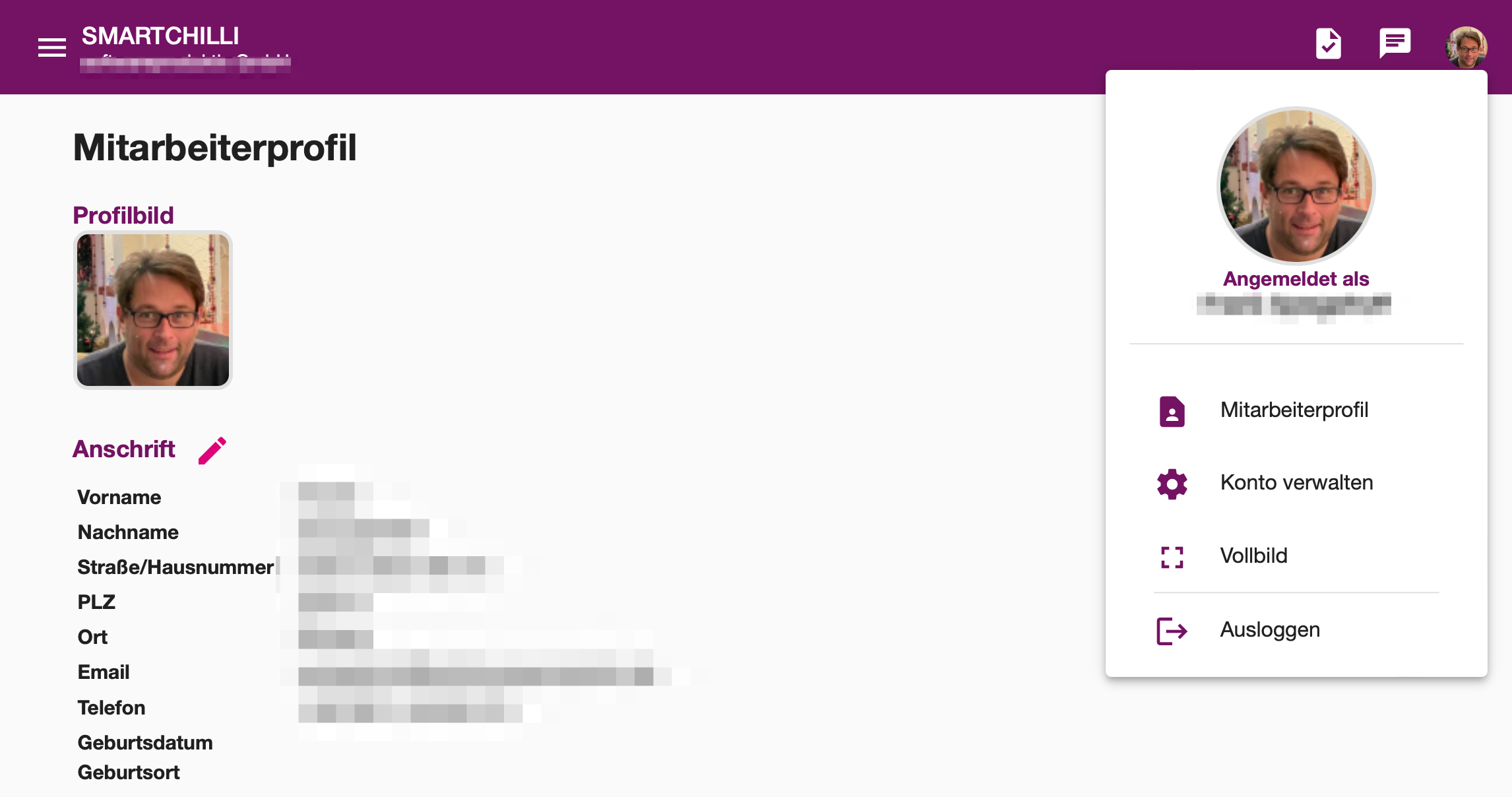 Formular des Mitarbeiterprofils mit persönlichen Daten und Kontaktinformationen