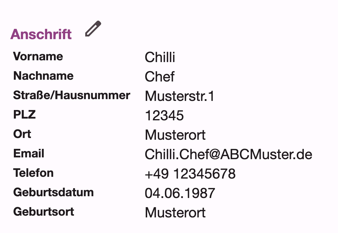 Mitarbeiterprofil, Bereich Anschrift mit Name, Adresse, Email, Telefon, Geburtsdatum und Geburtsort