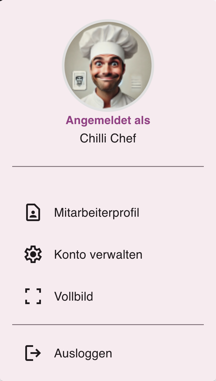 Kontomenü mit Profilbild, Mitarbeiterprofil, Konto verwalten, Vollbild und Ausloggen