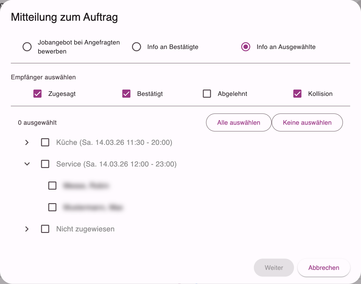 Dialog Mitteilung zum Auftrag mit den drei Empfängergruppen und der Auswahl einzelner Mitarbeiter je Einsatz