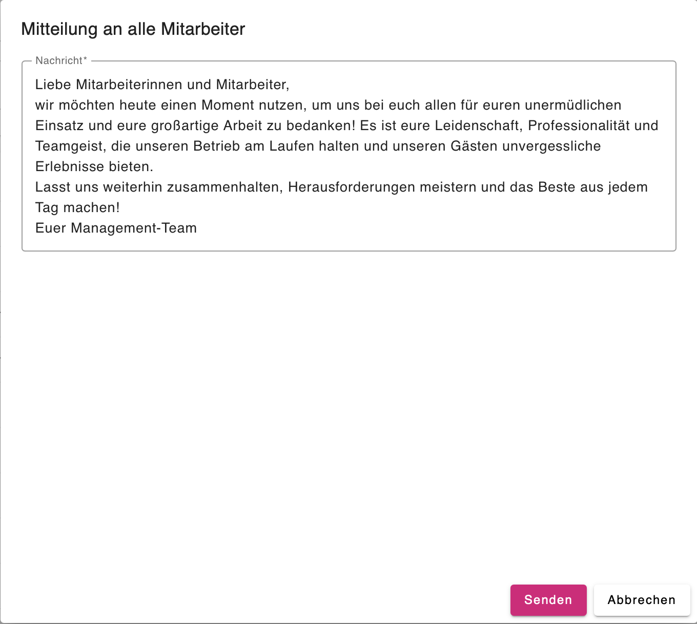 Eingabefenster zum Verfassen der Nachricht an die Mitarbeiter mit dem Button Senden