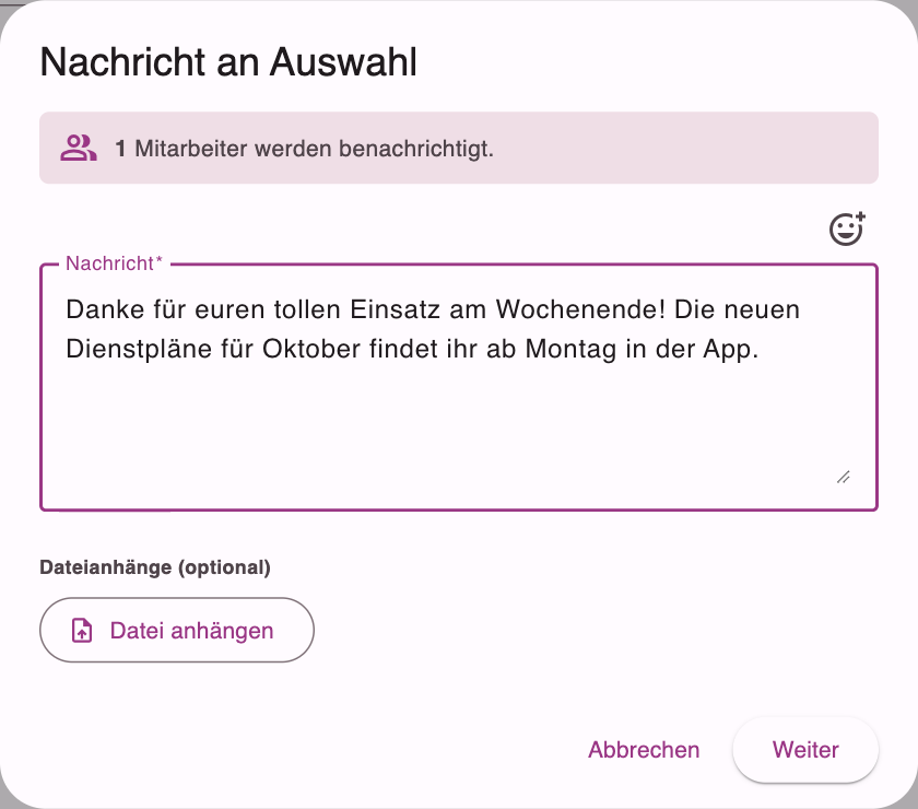 Dialog Nachricht an Auswahl mit Empfängerzahl, Emoji-Symbol, Textfeld und Datei anhängen