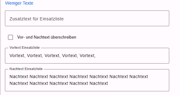 Zusätzliche Textfelder für die Einsatzliste nach Klick auf Weitere Texte