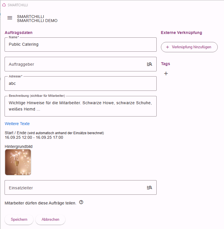 Formular zum Anlegen eines neuen Auftrags mit Name, Adresse und Zeitraum