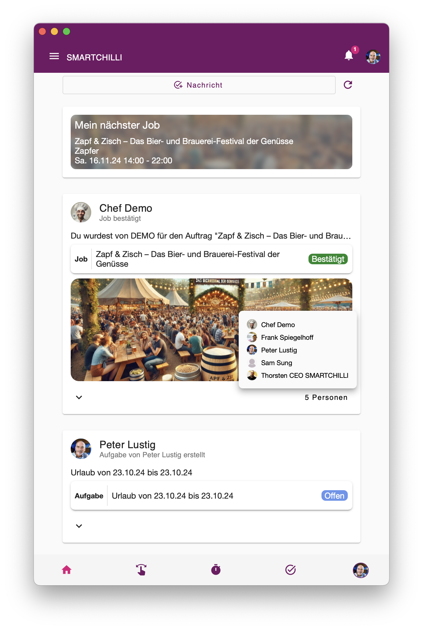 Startbildschirm mit dem News & Social Feed und aktuellen Job- und Aufgaben-Posts