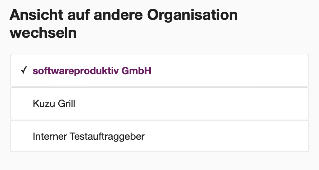 Liste der Organisationen zur Auswahl beim Organisationswechsel