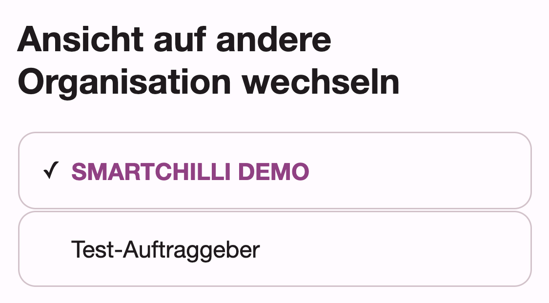 Seite Ansicht auf andere Organisation wechseln mit Haken bei der aktiven Organisation