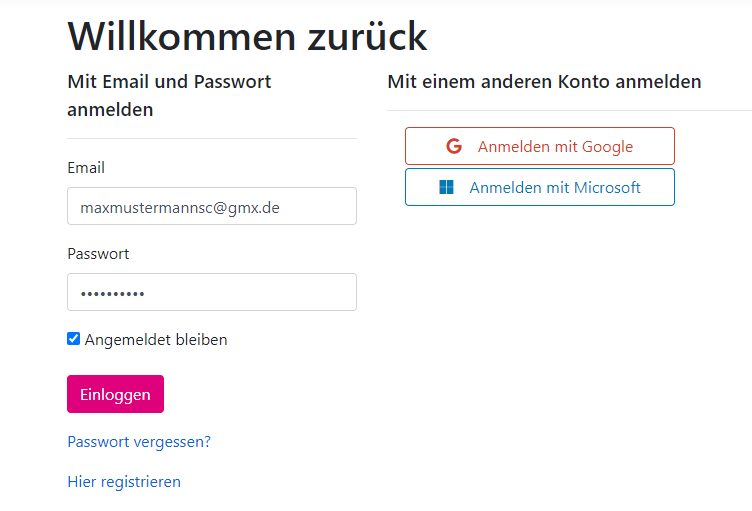 Login-Formular mit Emailadresse, Kennwort und der Option Angemeldet bleiben