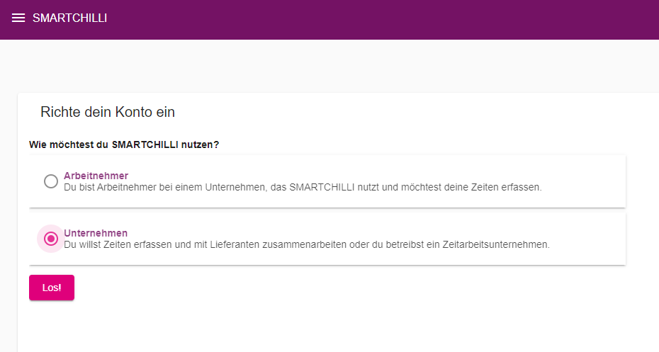 Auswahl zwischen Registrierung als Arbeitnehmer oder als Unternehmen