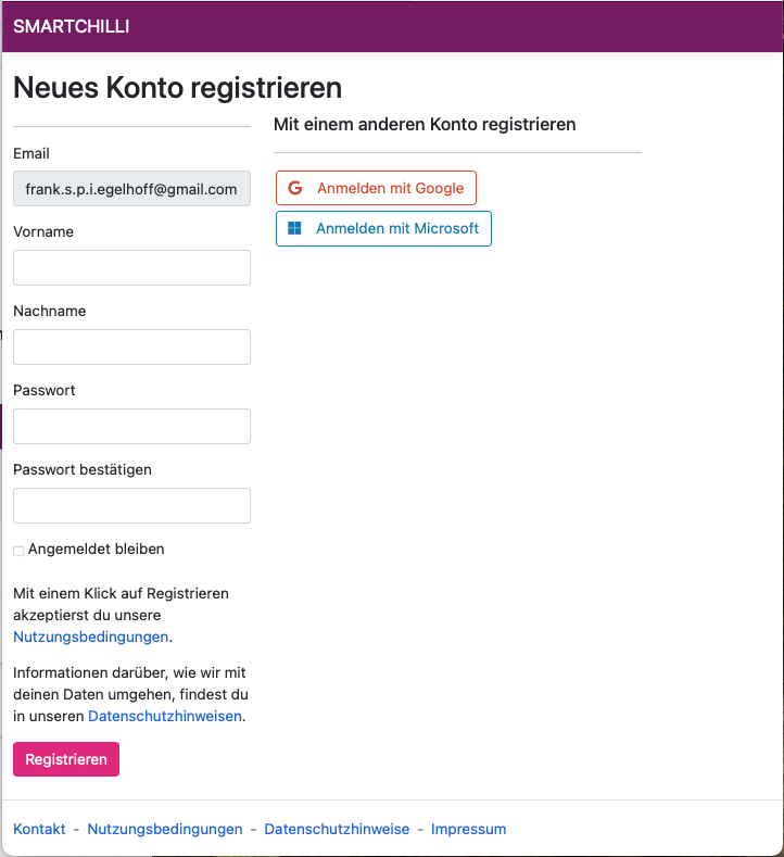 Beispielansicht des Registrierungsformulars für ein neues Konto