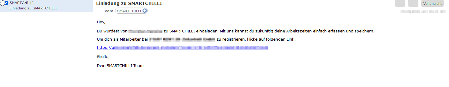 Automatisch generierte Email-Einladung zu SMARTCHILLI im Posteingang