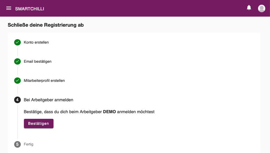 Dialogfeld zur Bestätigung der Anmeldung beim Arbeitgeber