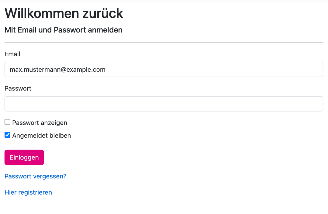 Anmeldeseite Willkommen zurück mit Email, Passwort, Angemeldet bleiben und den Links Passwort vergessen und Hier registrieren