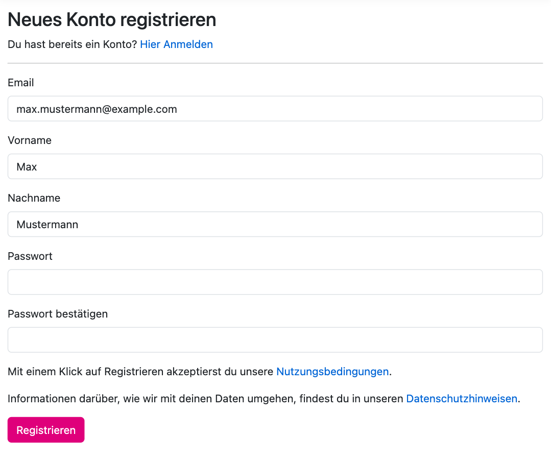 Formular Neues Konto registrieren mit Email, Vorname, Nachname, Passwort und Passwort bestätigen