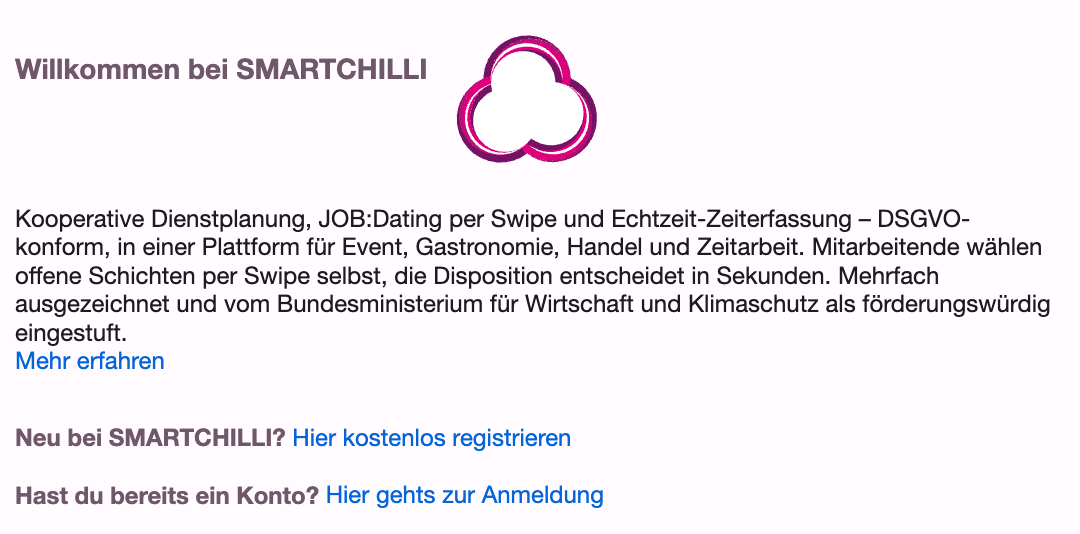 Startseite von SMARTCHILLI mit den Links Hier kostenlos registrieren und Hier gehts zur Anmeldung
