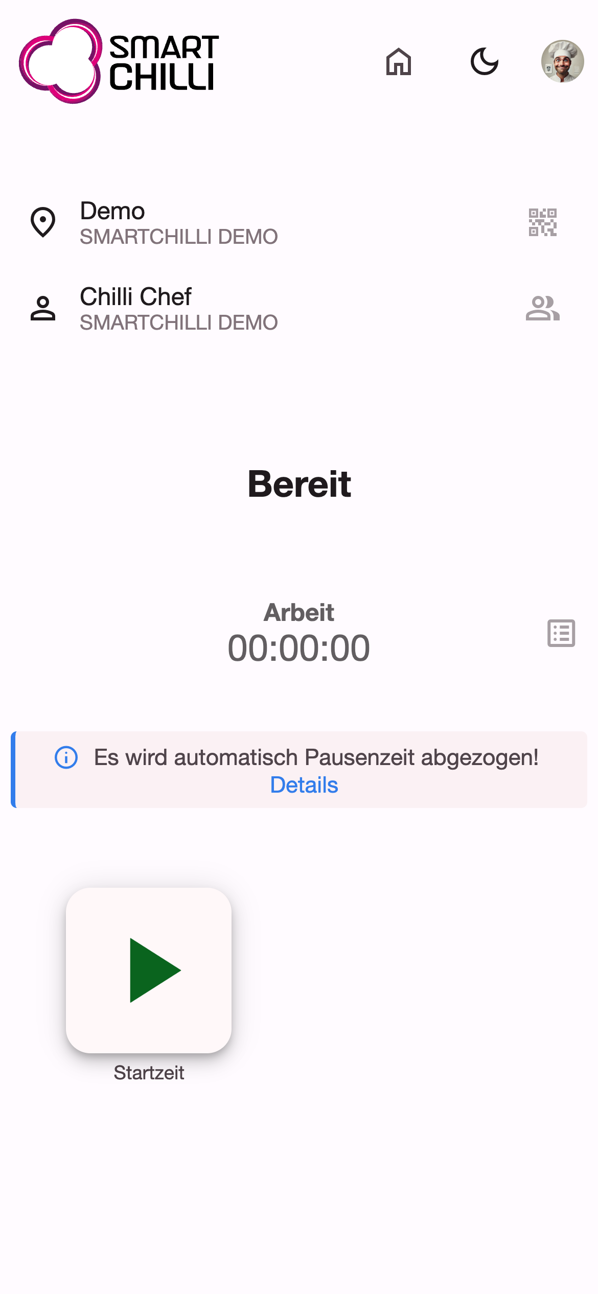 Zeiterfassung einer ausgewählten Einsatzstelle im Zustand Bereit mit grünem Start-Knopf