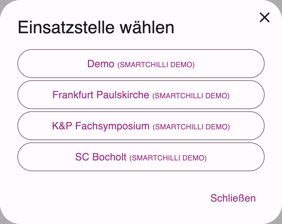 Dialog Einsatzstelle wählen mit den freigegebenen Einsatzstellen