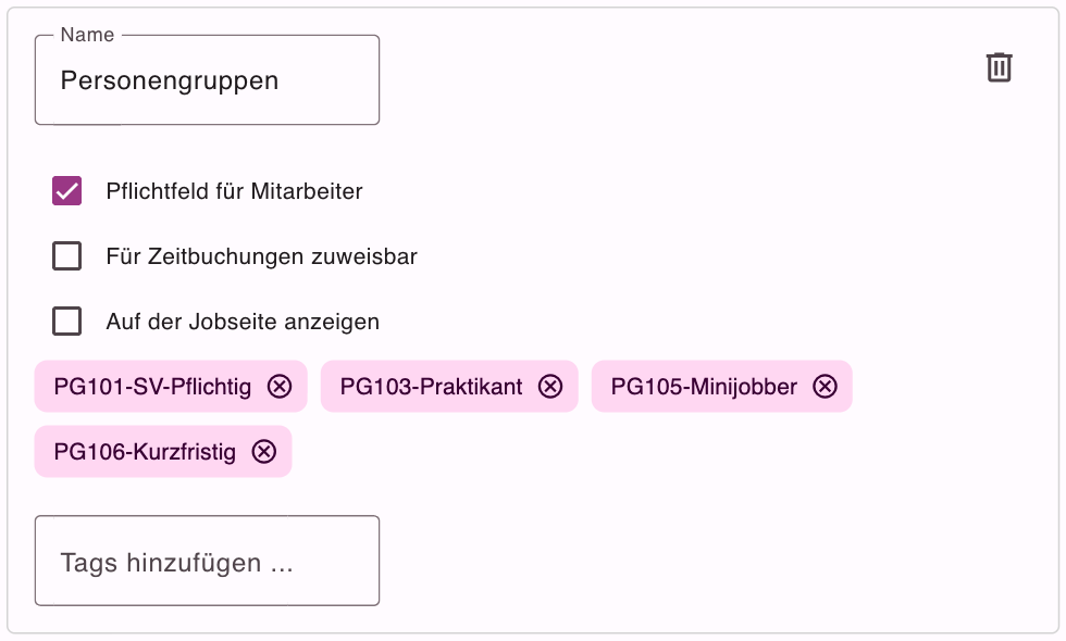 Geöffnete Tag-Gruppe mit Name, den Haken Pflichtfeld für Mitarbeiter, Für Zeitbuchungen zuweisbar und Auf der Jobseite anzeigen sowie der Tag-Auswahl