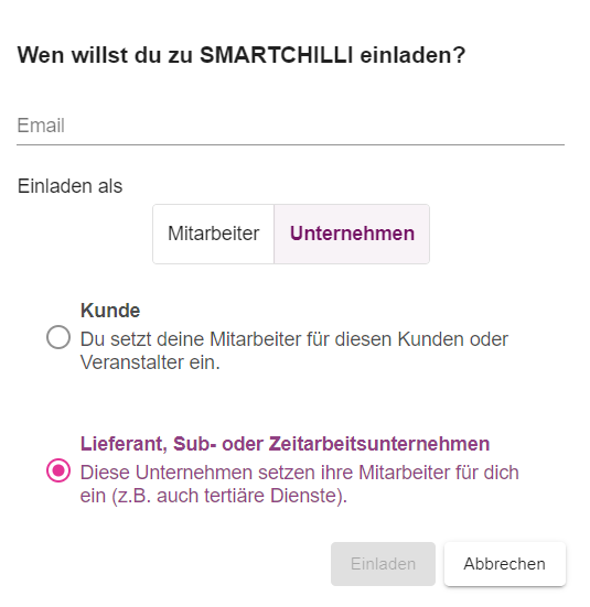 Button "Neue Dienstleister einladen" zum Hinzufügen eines neuen Dienstleisters