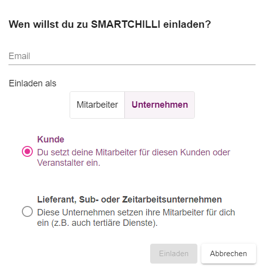 Button "Neuen Auftraggeber einladen" zum Hinzufügen eines neuen Auftraggebers