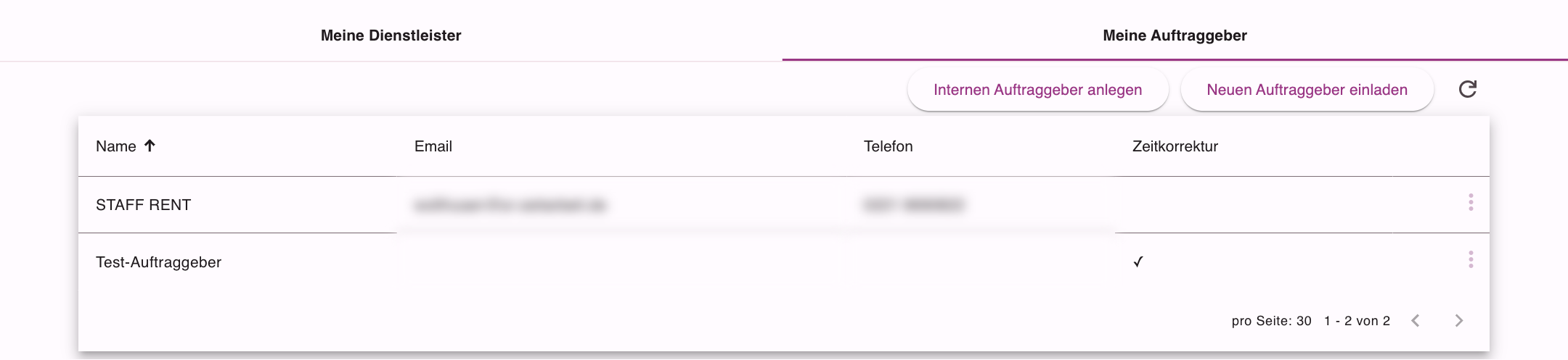 Reiter Meine Auftraggeber mit Spalte Zeitkorrektur und den Knöpfen Internen Auftraggeber anlegen und Neuen Auftraggeber einladen