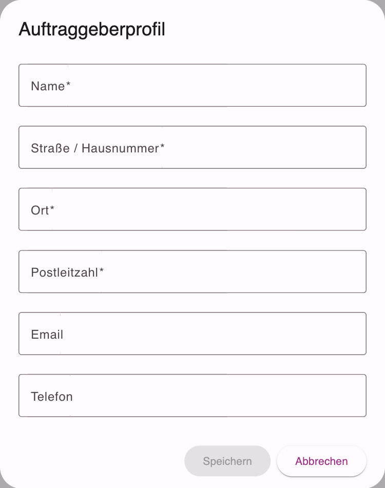 Dialog Auftraggeberprofil zum Anlegen eines internen Auftraggebers