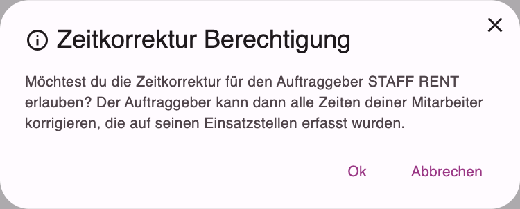 Abfrage Zeitkorrektur Berechtigung vor dem Erlauben der Zeitkorrektur