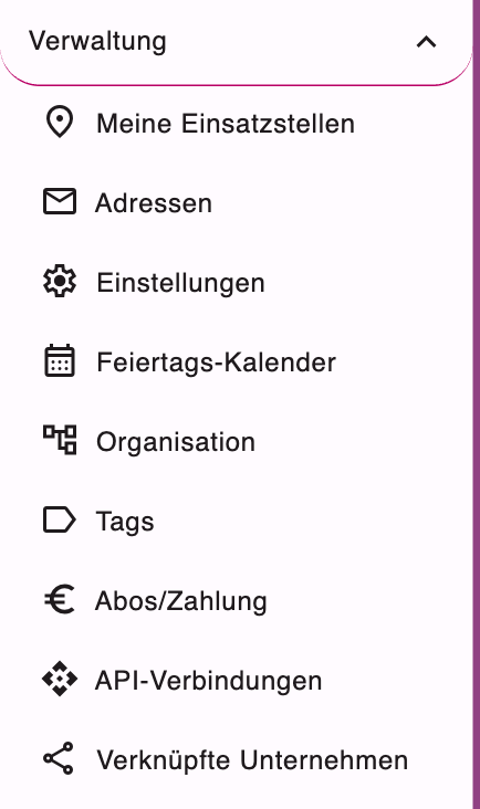 Seitenmenü mit geöffnetem Eintrag Verwaltung und seinen Menüpunkten
