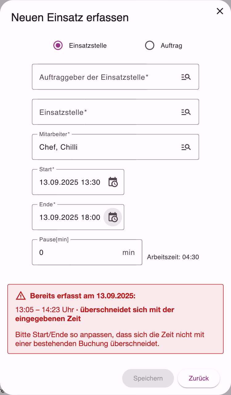 Dialog Neuen Einsatz erfassen mit dem Hinweis auf eine bereits erfasste, sich überschneidende Buchung des Tages