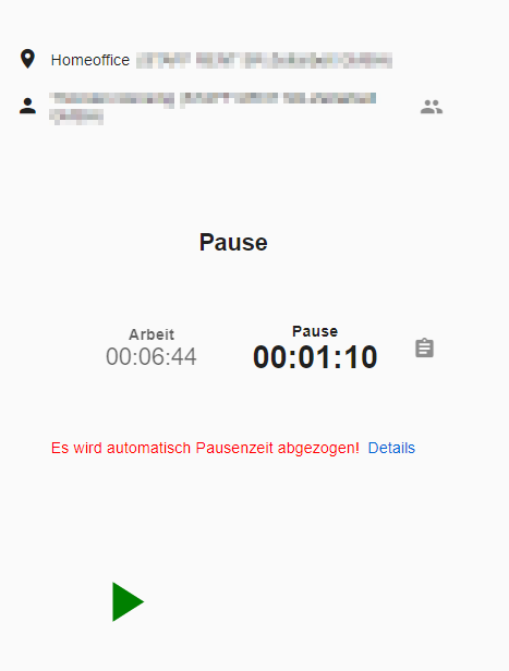 Hinweis auf den automatischen Pausenabzug am STAFF HUB