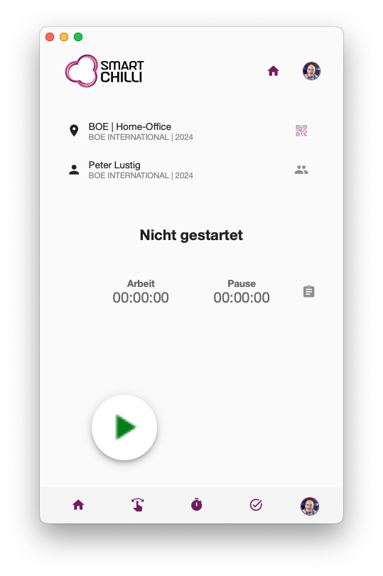 STAFF HUB mit grünem Pfeil zum Start der Arbeitszeit