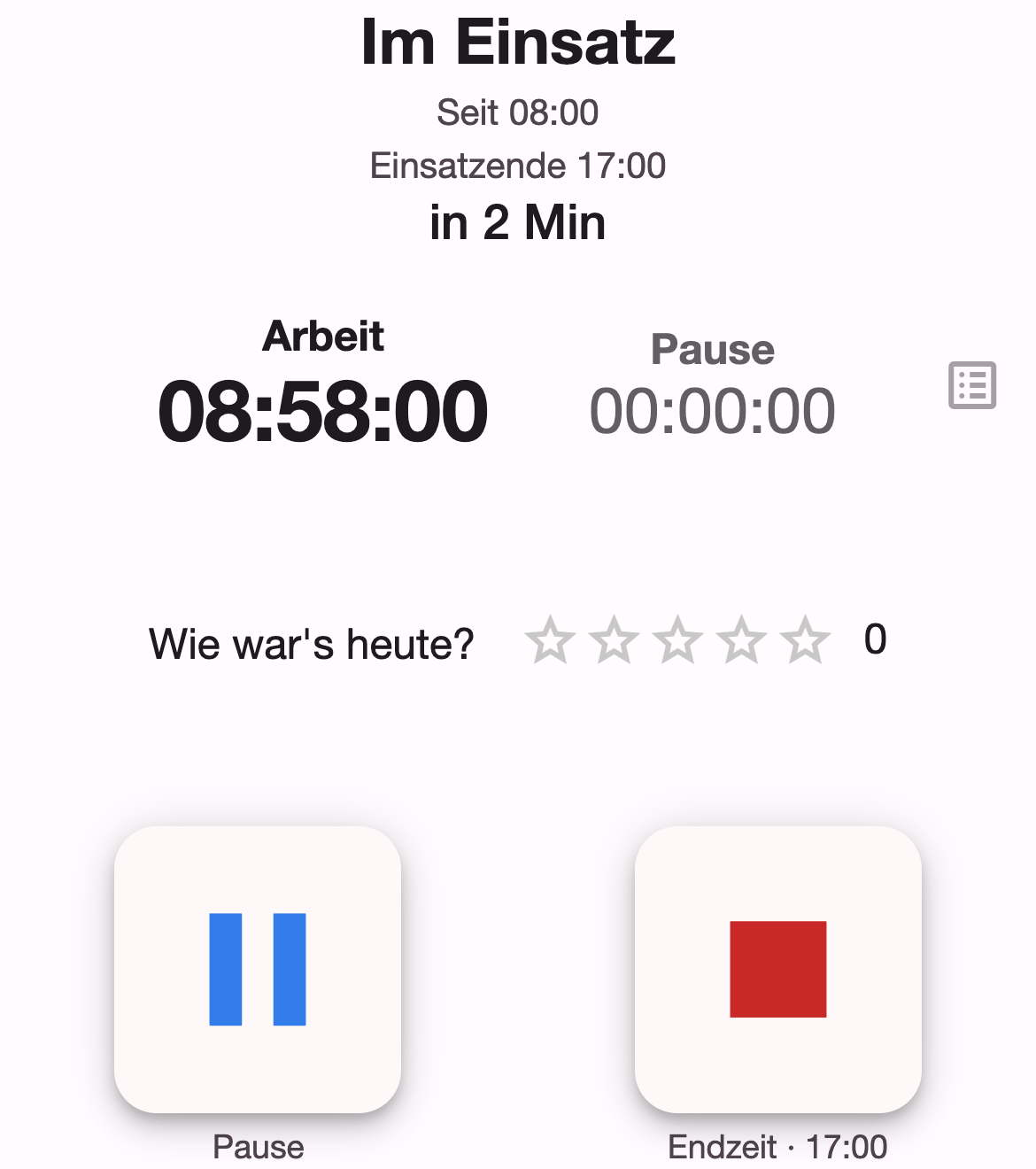 Zeiterfassung im Zustand Im Einsatz mit Arbeits- und Pausenzeit, Sternebewertung, Pause-Knopf und rotem Stopp-Knopf