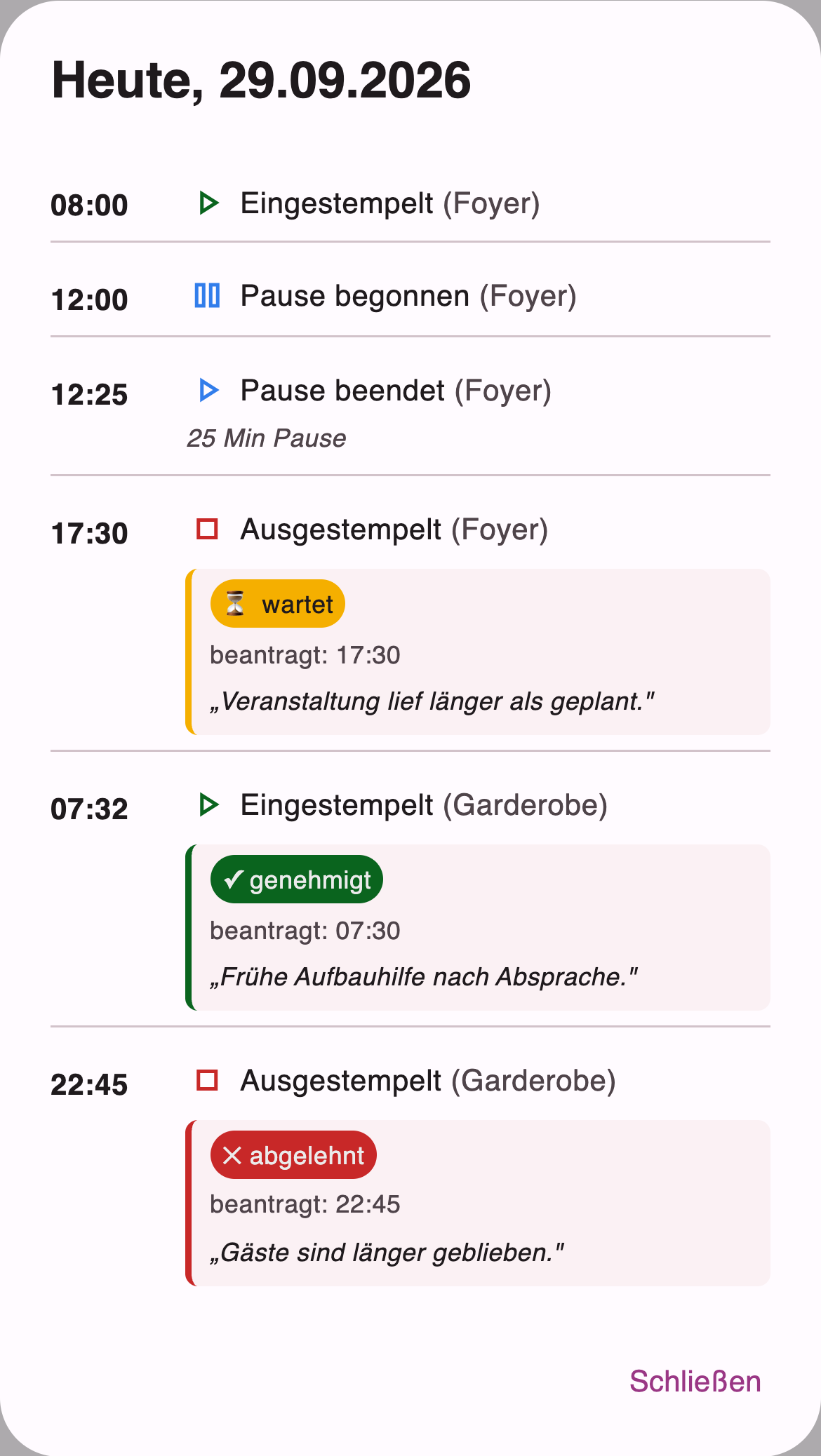 Liste Letzte Buchungen des Tages mit Änderungsanträgen im Status wartet, genehmigt und abgelehnt