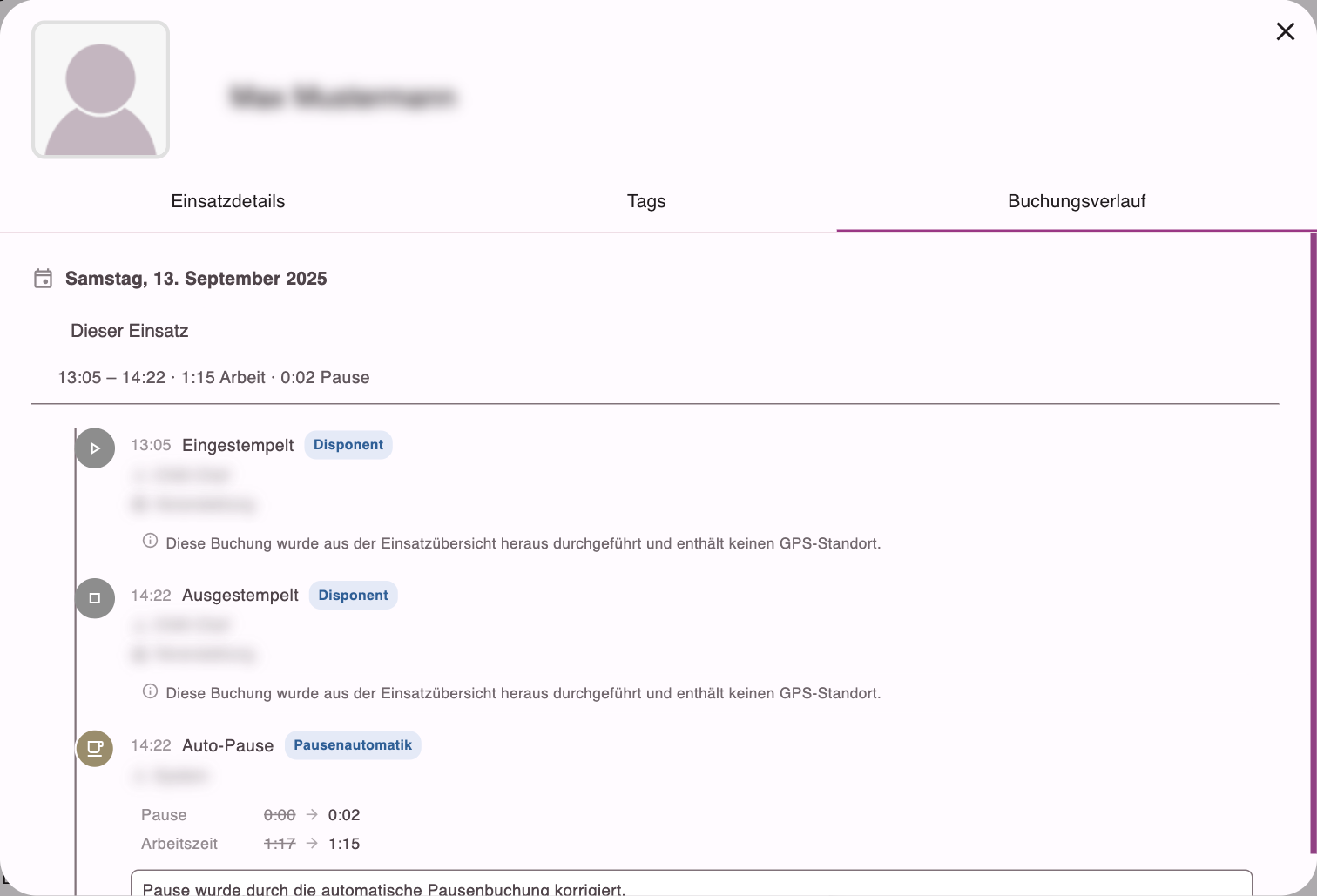 Buchungsverlauf eines Einsatzes mit Zeitpunkt, Art und Auslöser jeder Buchung